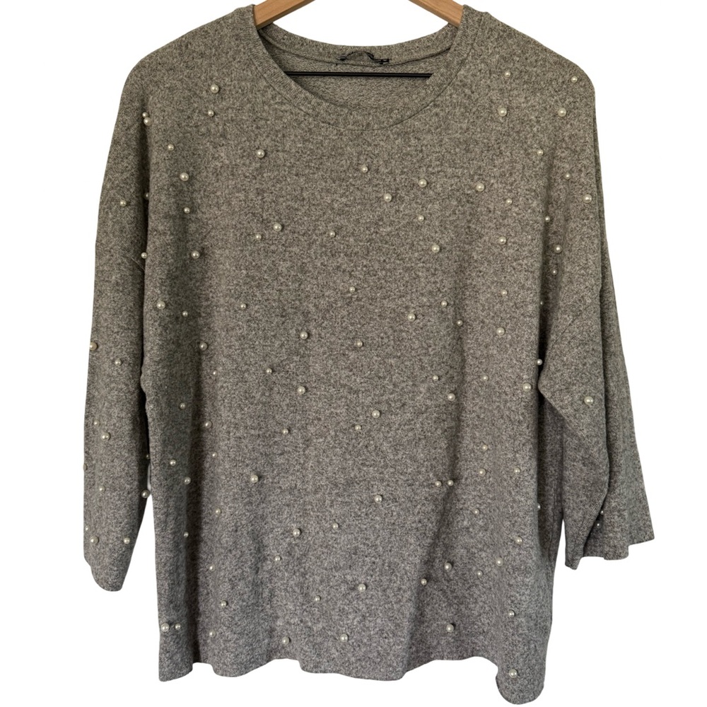 ZARA Gray Pearl Embellished Knit‎ Sweater | Soft Cozy Pullover